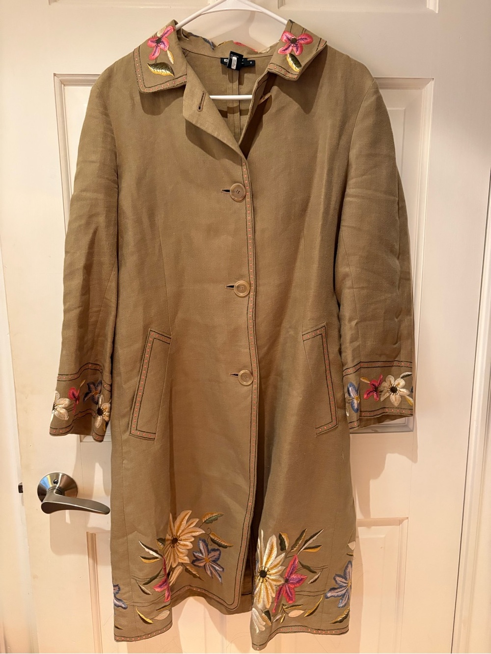 Dkny Tan Trench Coat with Embroidered Floral Trim